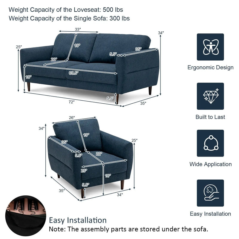 2 Pieces Upholstered Sofa Set with Removable Cushion Covers by DirectDeals