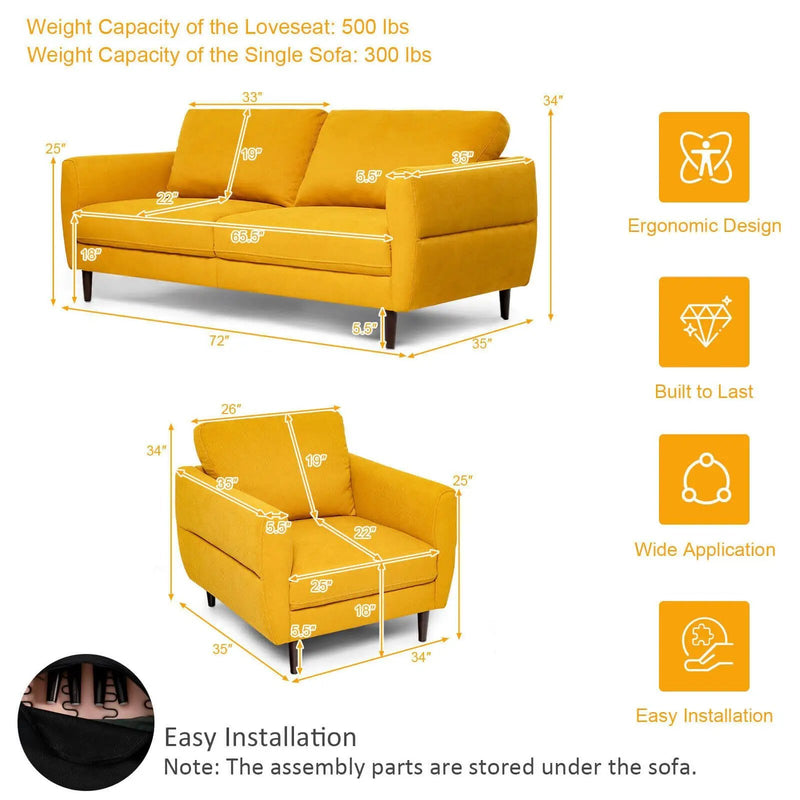2 Pieces Upholstered Sofa Set with Removable Cushion Covers by DirectDeals