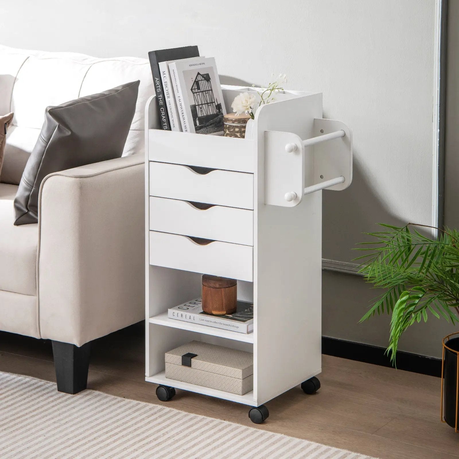 Utility Trolley with Open Shelves and 3 Drawers-White by DirectDeals