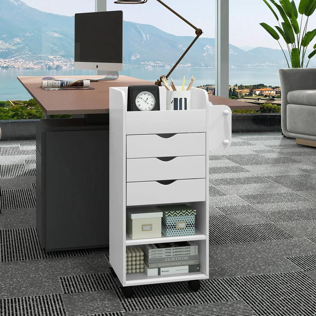 Utility Trolley with Open Shelves and 3 Drawers-White by DirectDeals