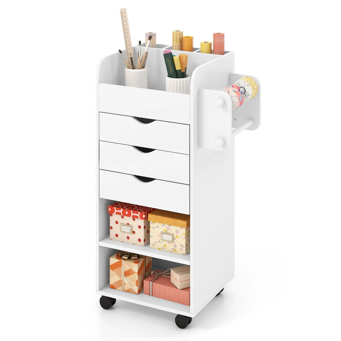 Utility Trolley with Open Shelves and 3 Drawers-White by DirectDeals