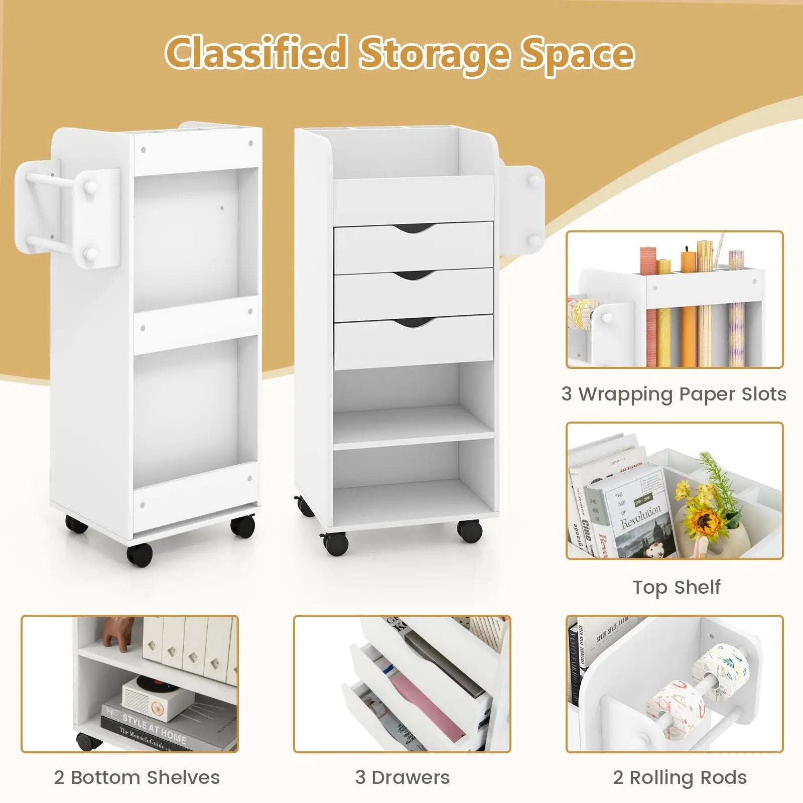Utility Trolley with Open Shelves and 3 Drawers-White by DirectDeals
