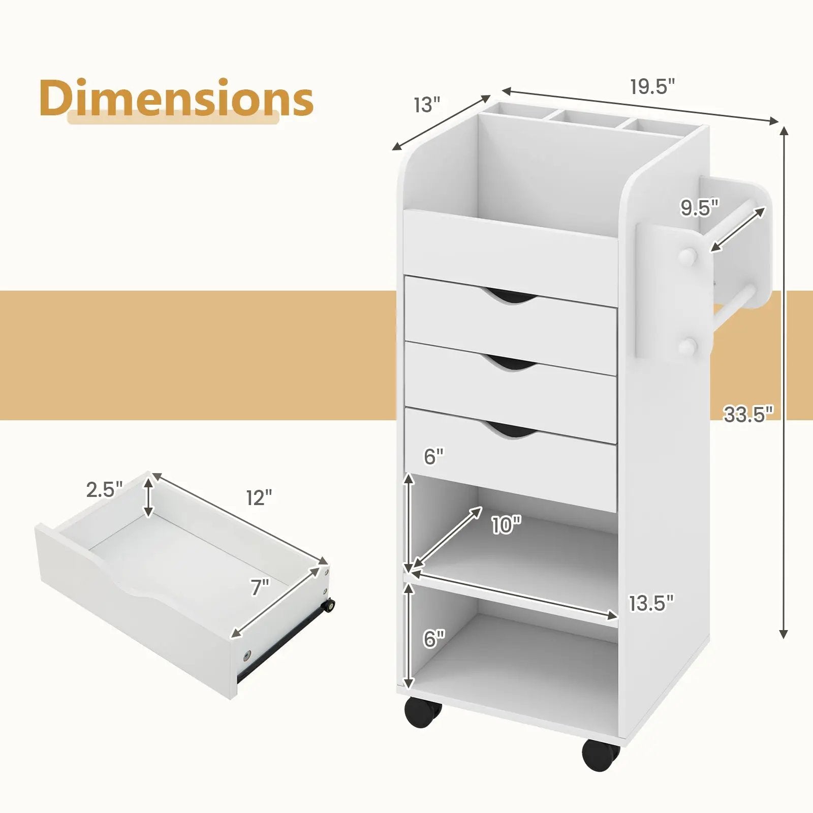 Utility Trolley with Open Shelves and 3 Drawers-White by DirectDeals