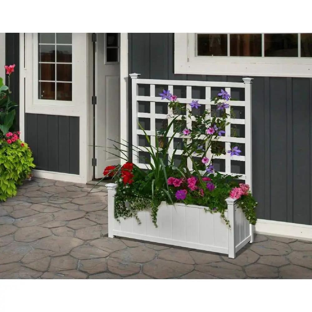 Outdoor White Vinyl Garden Planter Box with Trellis by HomePacific