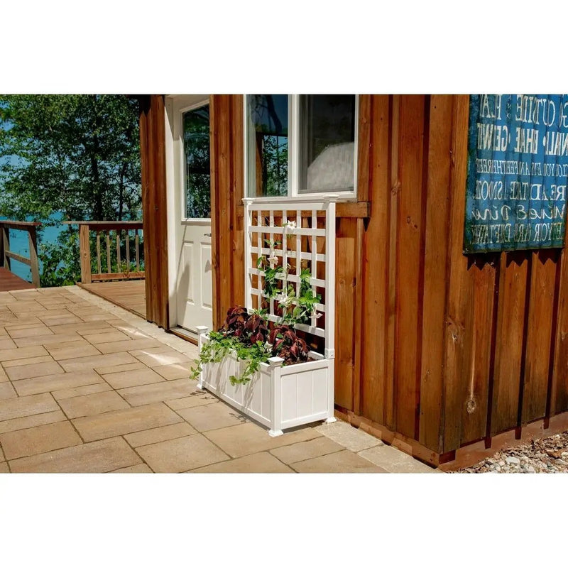 Outdoor White Vinyl Garden Planter Box with Trellis by HomePacific