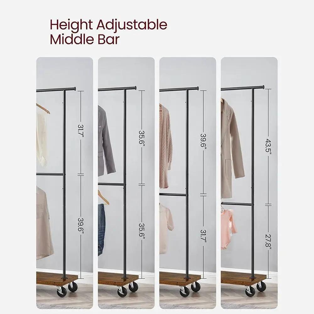 Industrial Style Clothing Garment Rack Double Clothes Hanging Bar on Wheels by HomePacific