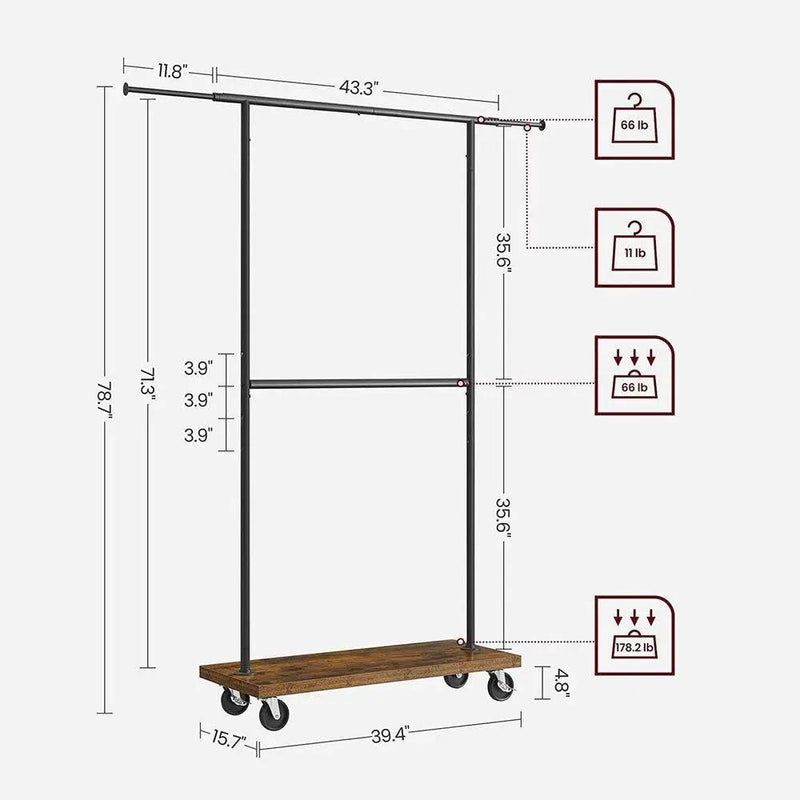 Industrial Style Clothing Garment Rack Double Clothes Hanging Bar on Wheels by HomePacific
