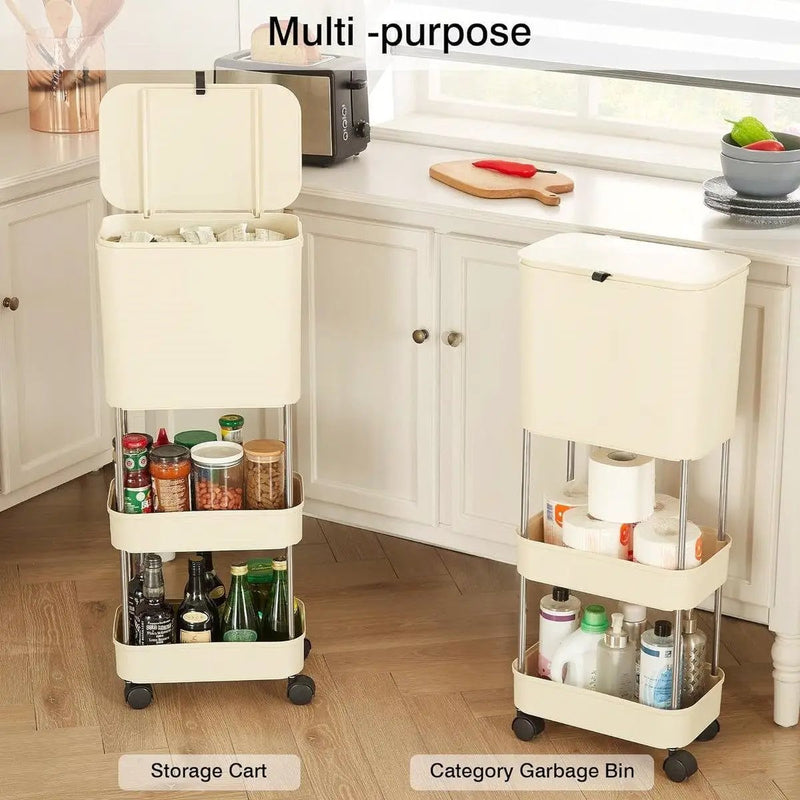 5 Gallon Mobile Elevated Kitchen Trash Can with Lid in Cream with Wheels by HomePacific