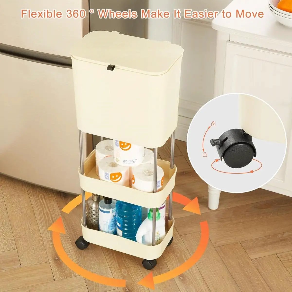 5 Gallon Mobile Elevated Kitchen Trash Can with Lid in Cream with Wheels by HomePacific