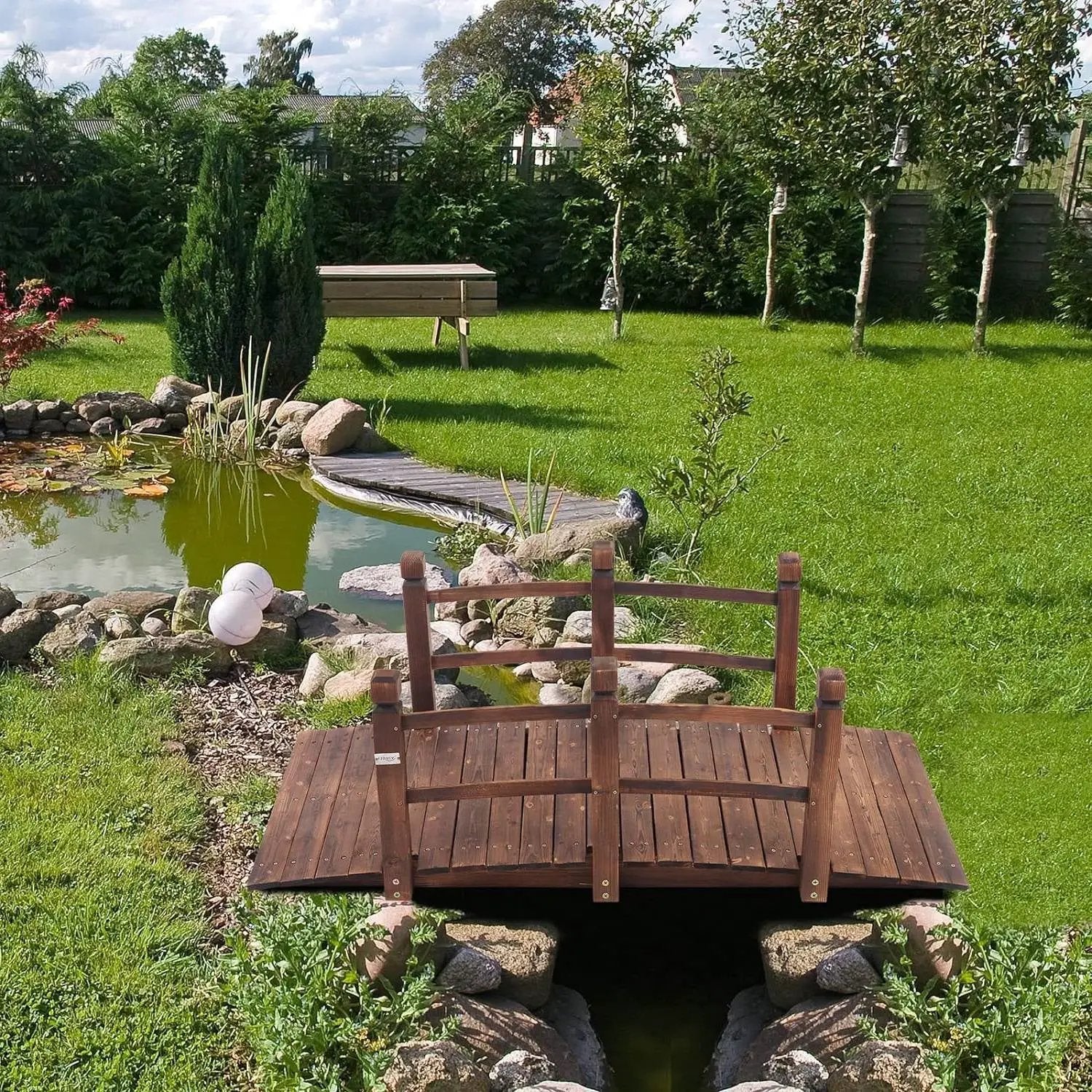 Outdoor 5-foot Solid Fir Wood Garden Bridge in Rustic Brown Finish by HomePacific