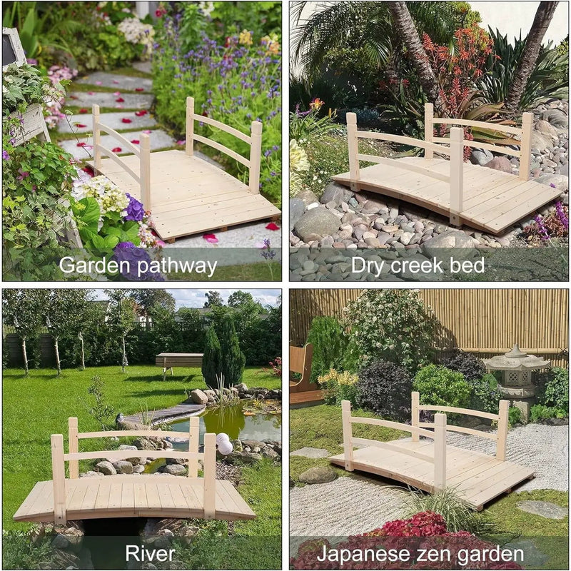 Outdoor 4-ft Wooden Garden Bridge with Rails in Natural Wood Finish by HomePacific