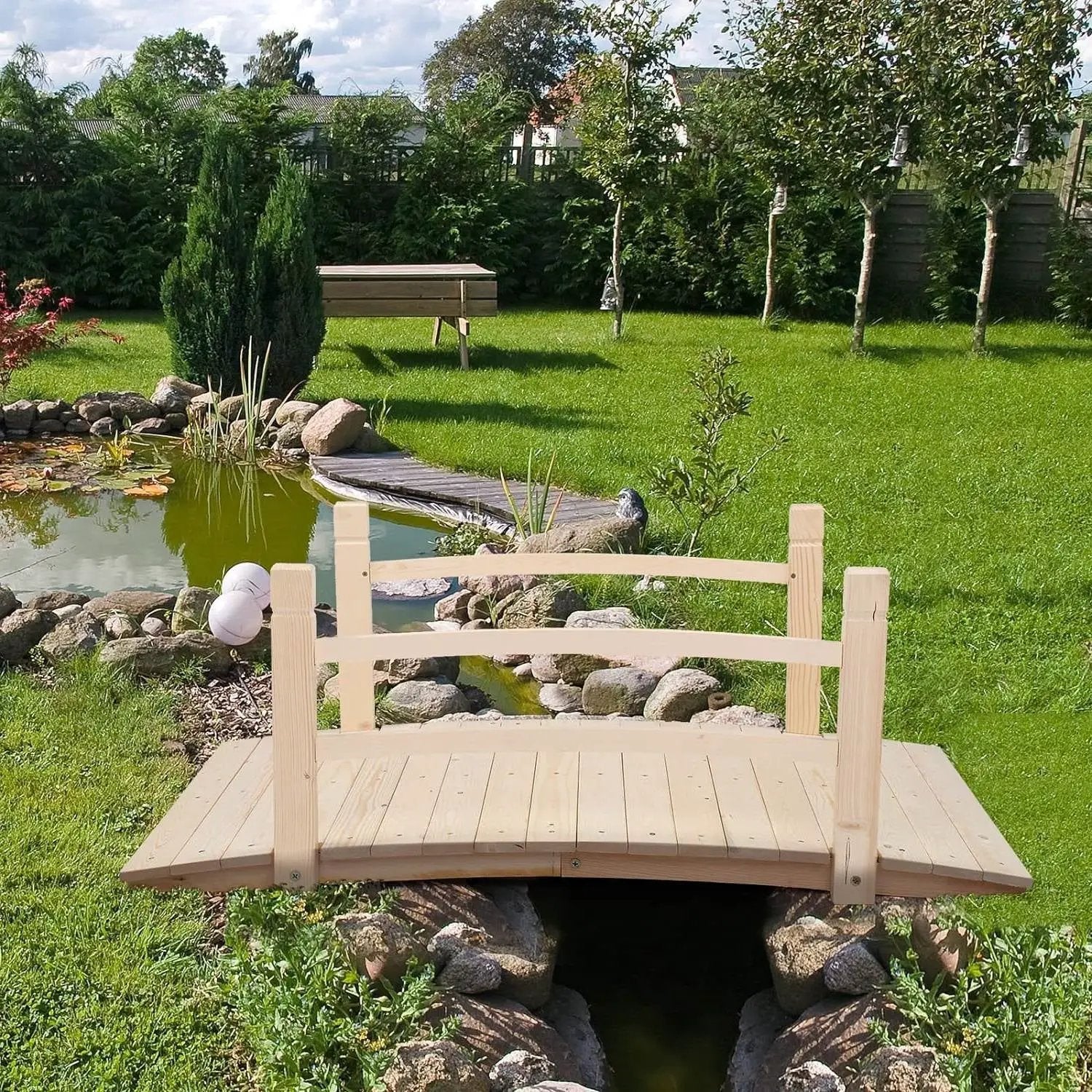 Outdoor 4-ft Wooden Garden Bridge with Rails in Natural Wood Finish by HomePacific