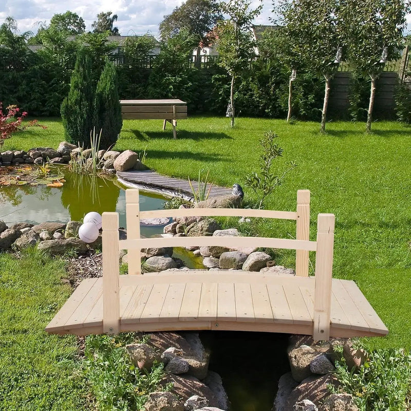 Outdoor 4-ft Wooden Garden Bridge with Rails in Natural Wood Finish by HomePacific