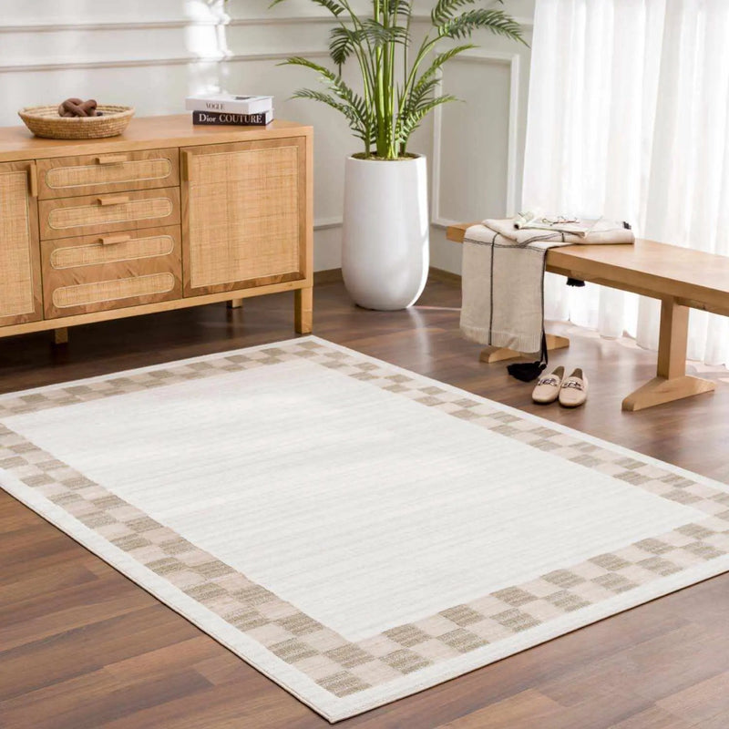 Azrika Beige Checkered Washable Rug - Clearance by Boutique Rugs