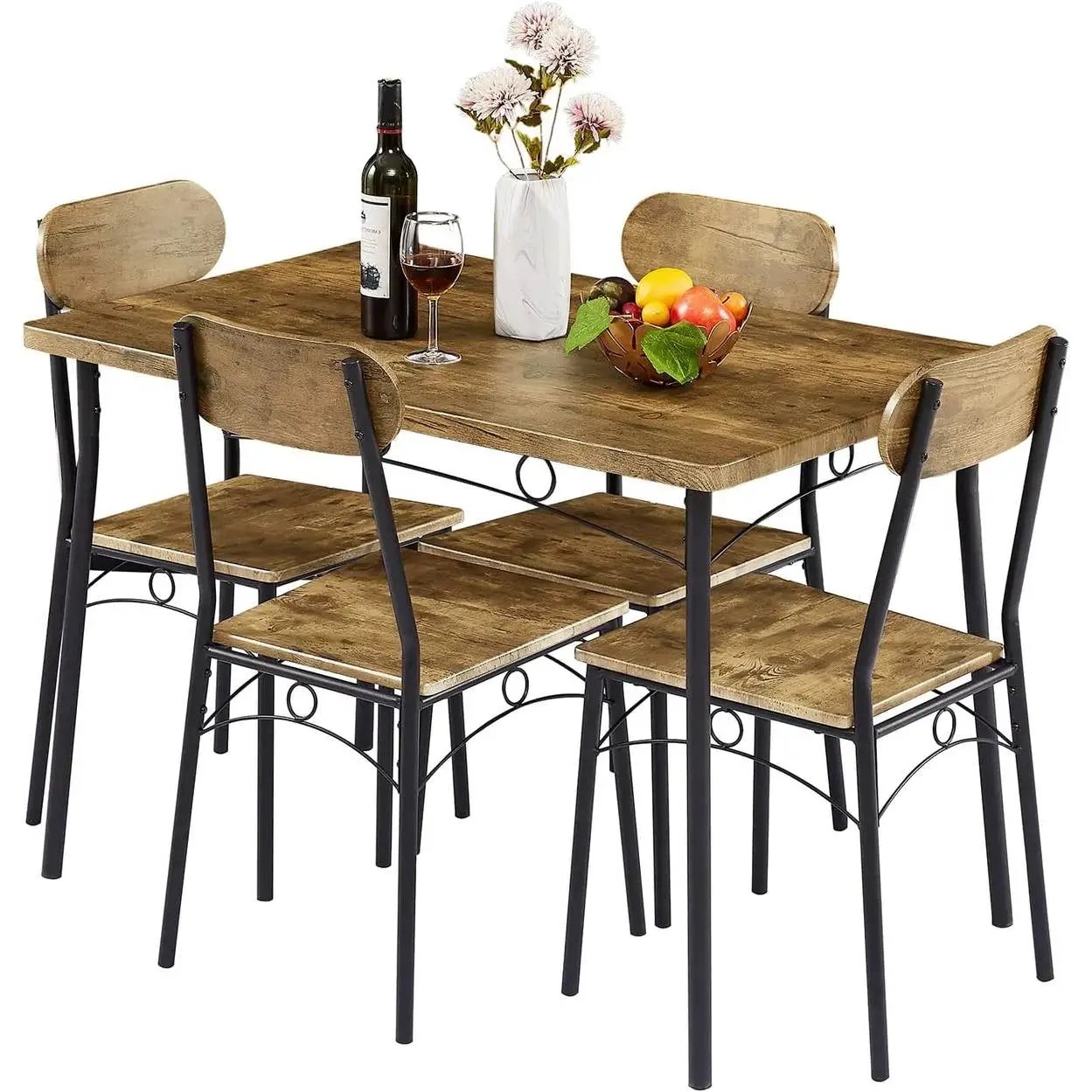 Modern Industrial 5-Piece Dining Set with Wood Top Table and 4 Chairs by HomePacific