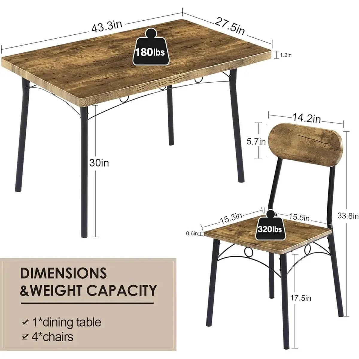Modern Industrial 5-Piece Dining Set with Wood Top Table and 4 Chairs by HomePacific