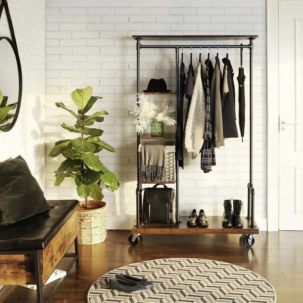 Industrial Metal Pipe Garment Rack with Wood Storage Shelves on Wheels by HomePacific