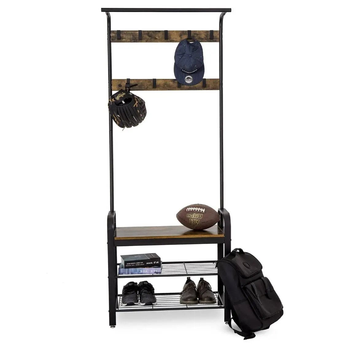 Entryway Modern Industrial Style Hall Tree Coat Rack Shoe Storage Bench by HomePacific