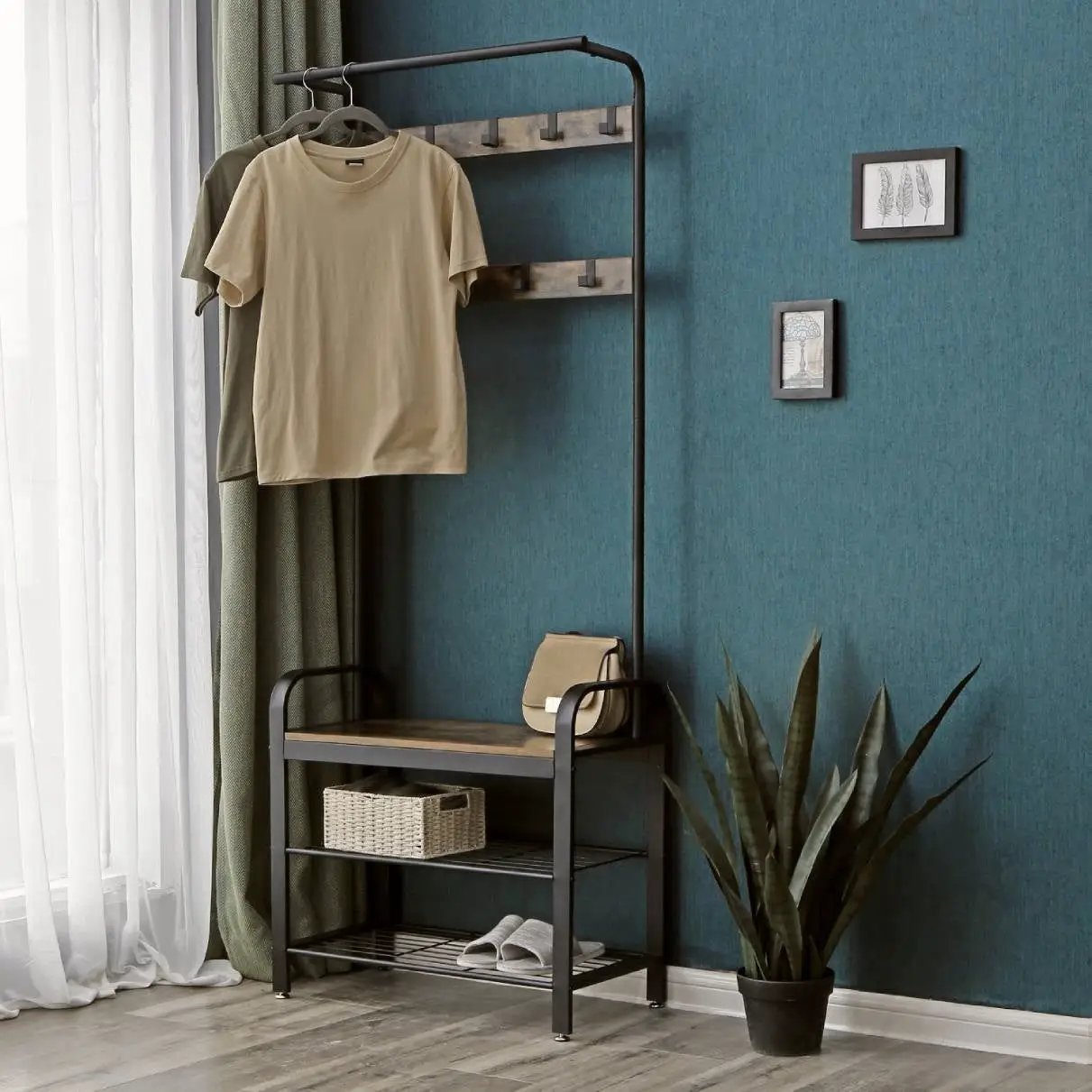 Entryway Modern Industrial Style Hall Tree Coat Rack Shoe Storage Bench by HomePacific