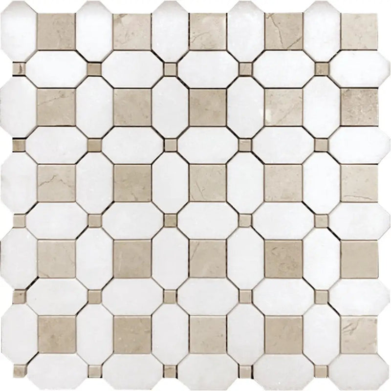 Naples White Beige 12x12 Polished Thassos Octagon & Crema Marfil Square Marble Mosaic Tile (5 pack, 5.17 sq ft/case) by Apollo Tile