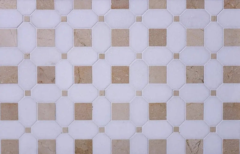 Naples White Beige 12x12 Polished Thassos Octagon & Crema Marfil Square Marble Mosaic Tile (5 pack, 5.17 sq ft/case) by Apollo Tile
