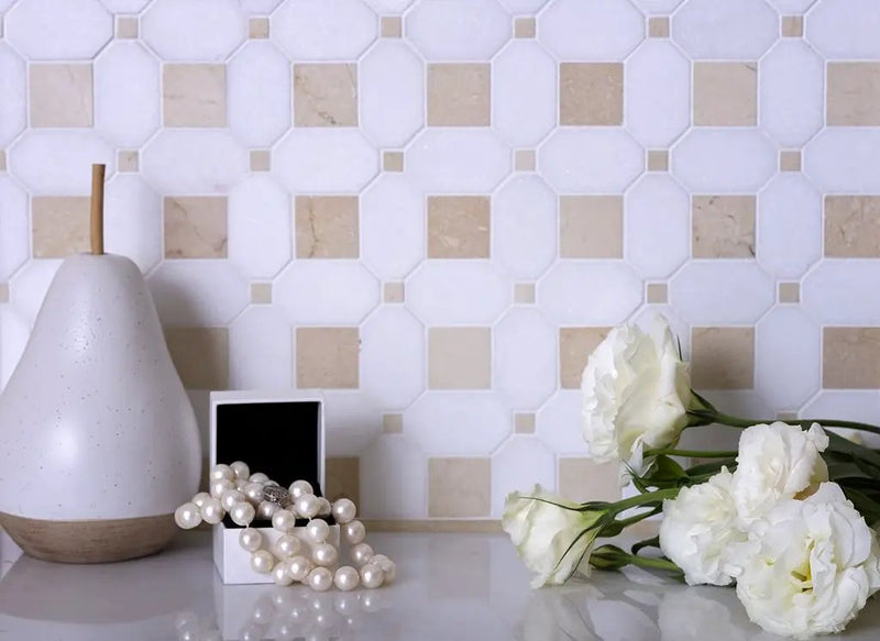 Naples White Beige 12x12 Polished Thassos Octagon & Crema Marfil Square Marble Mosaic Tile (5 pack, 5.17 sq ft/case) by Apollo Tile