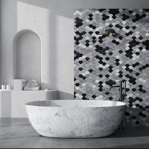 Black Gray 12x12 Honed Fan Fish Scale Terrazzo Limestone Marble Mosaic Tile (5 pack, 5 sq ft/case)