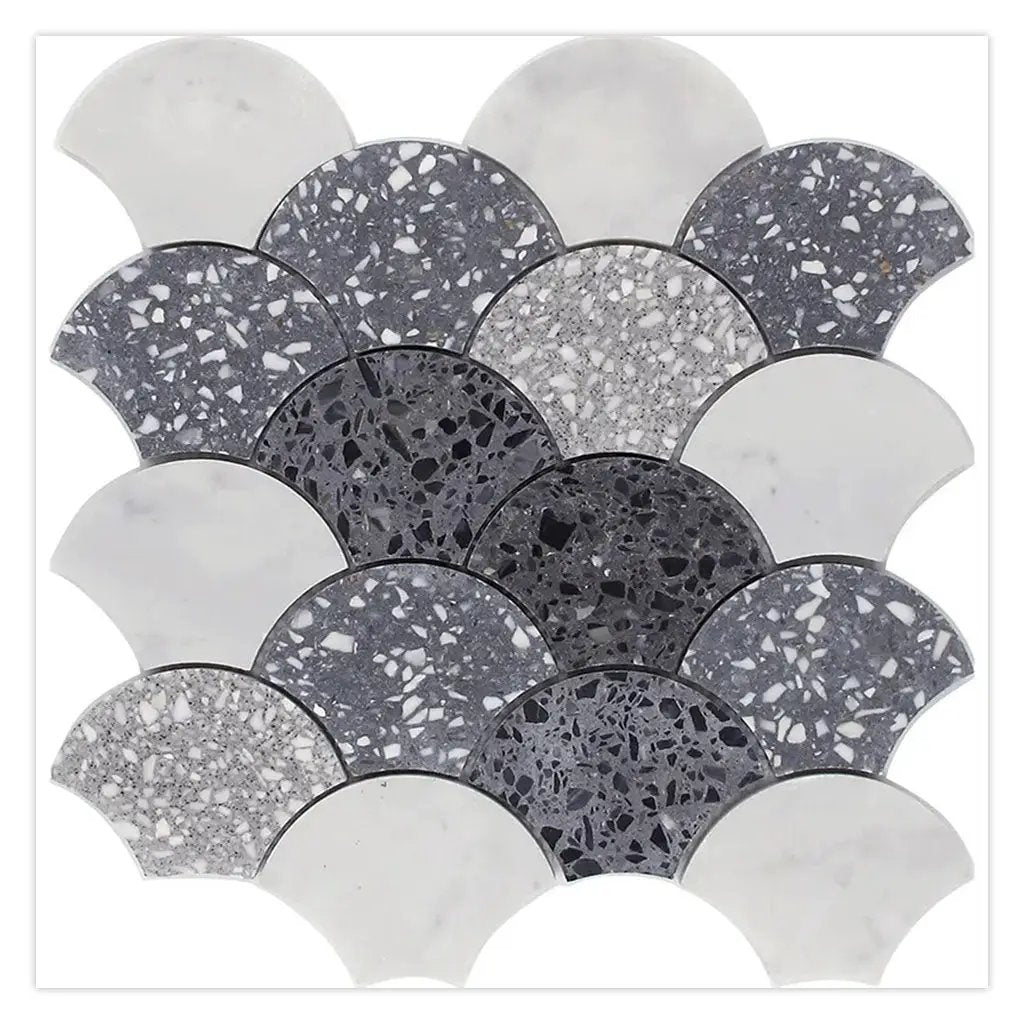 White Gray 12x12 Honed Fan Fish Scale Terrazzo Carrara Marble Mosaic Tile (5 pack, 5 sq ft/case) by Apollo Tile