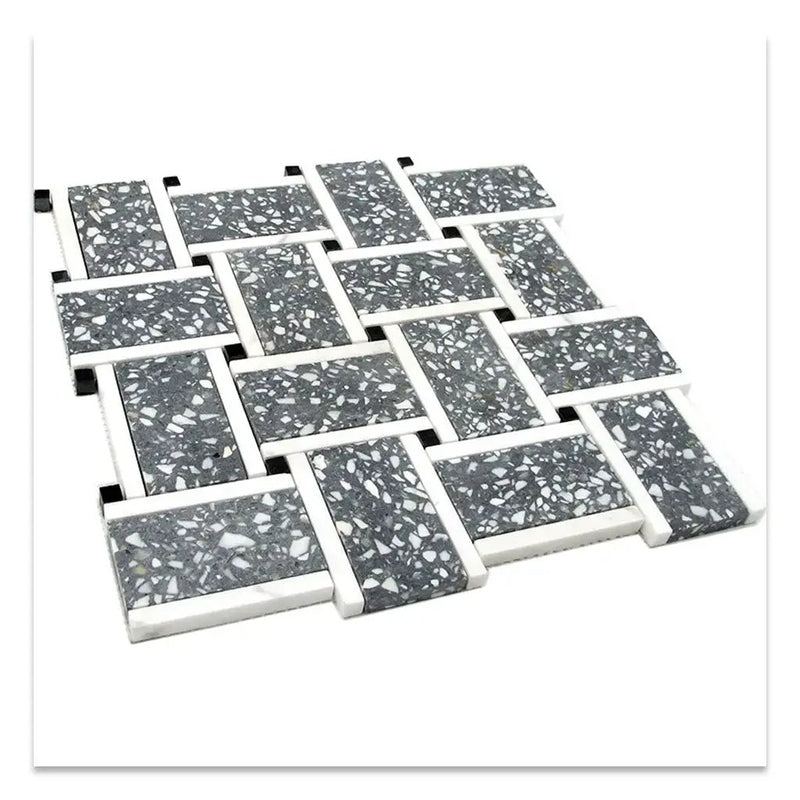 Charcoal Gray White 12x12 Honed Basketweave Terrazzo Dolomite Limestone Marble Mosaic Tile (5 pack, 5.08 sq ft/case) by Apollo Tile