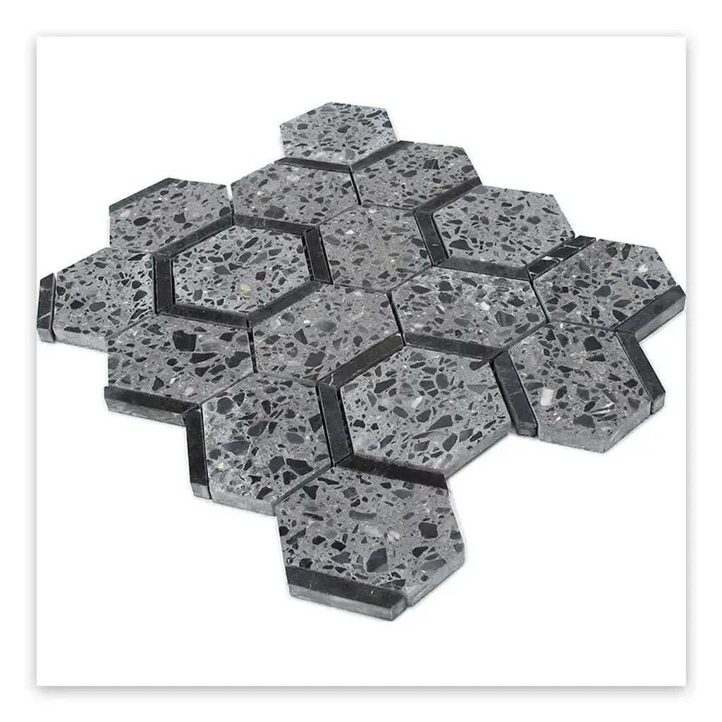Charcoal Gray Black 11x12 Honed Hexagon Terrazzo Limestone Marble Mosaic Tile (5 pack, 4.38 sq ft/case) by Apollo Tile