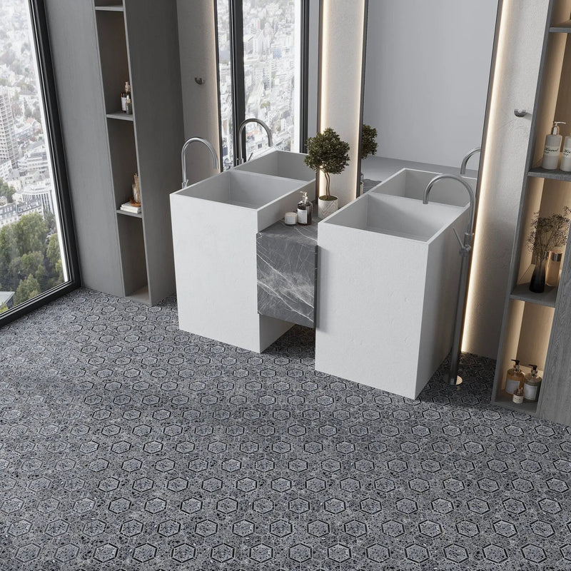Charcoal Gray Black 11x12 Honed Hexagon Terrazzo Limestone Marble Mosaic Tile (5 pack, 4.38 sq ft/case) by Apollo Tile