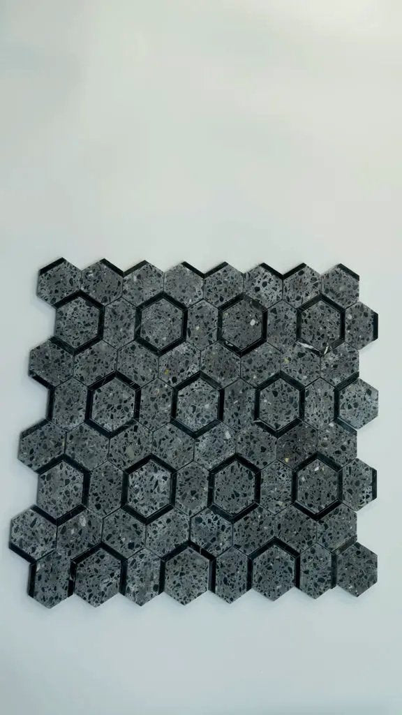 Charcoal Gray Black 11x12 Honed Hexagon Terrazzo Limestone Marble Mosaic Tile (5 pack, 4.38 sq ft/case) by Apollo Tile