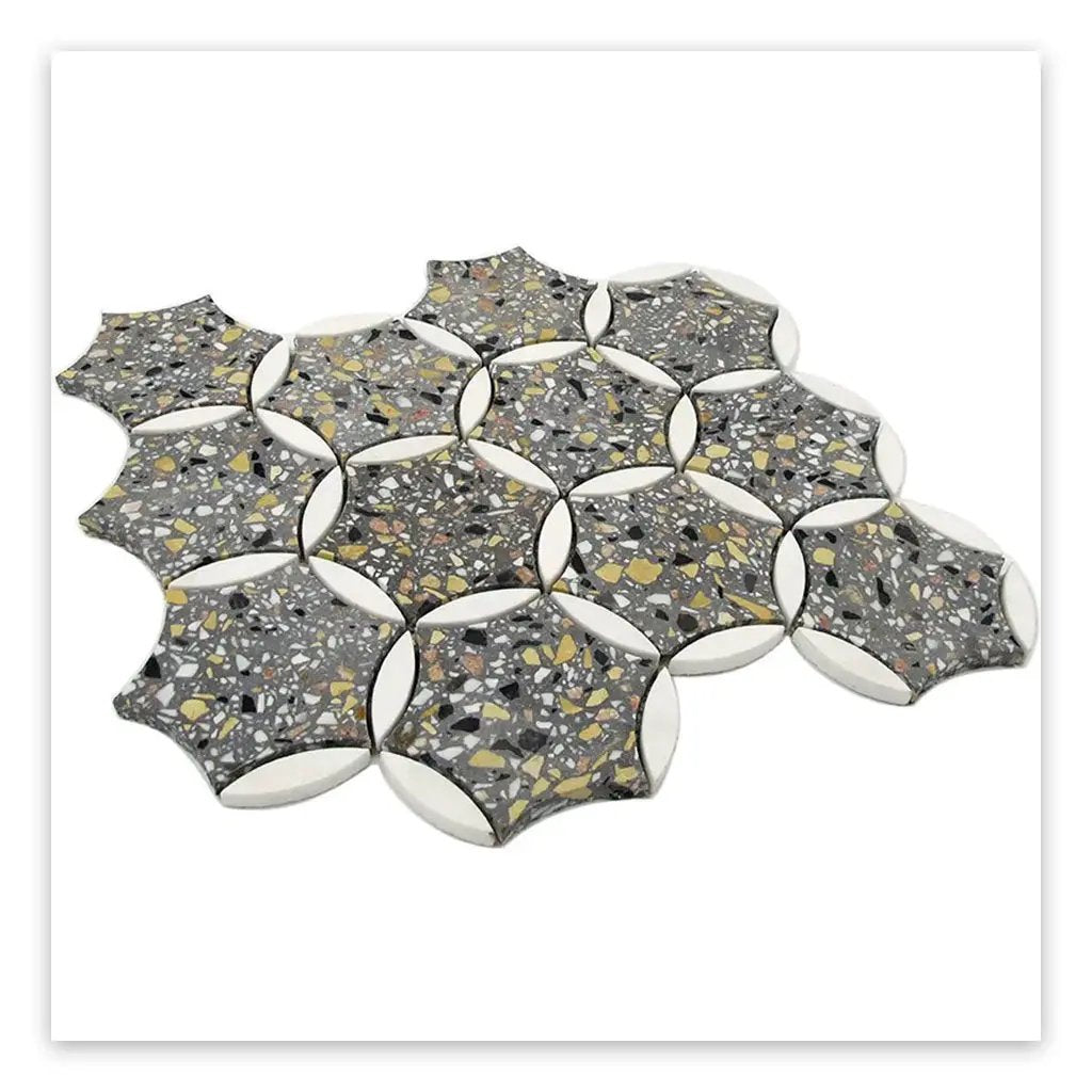 Gray White 12x13 Honed Star Round Terrazzo Dolomite Marble Mosaic Tile (5 pack, 5.46 sq ft/case) by Apollo Tile