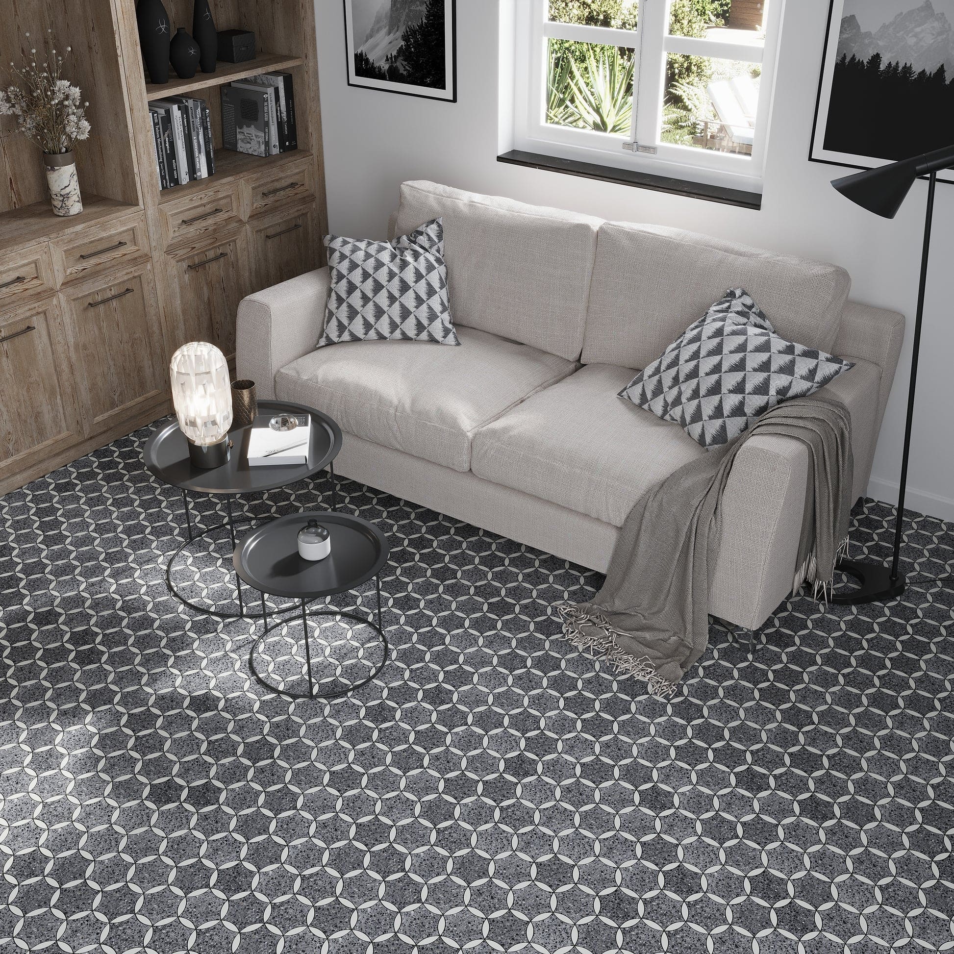 Charcoal Gray Black 12x13 Honed Star Round Terrazzo Dolomite Marble Mosaic Tile (5 pack, 5.46 sq ft/case) by Apollo Tile