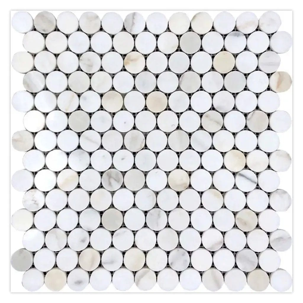 White Gray 11x12 Polished Penny Round Calacatta Gold Marble Mosaic Tile (5 pack, 4.47 sq ft/case) by Apollo Tile
