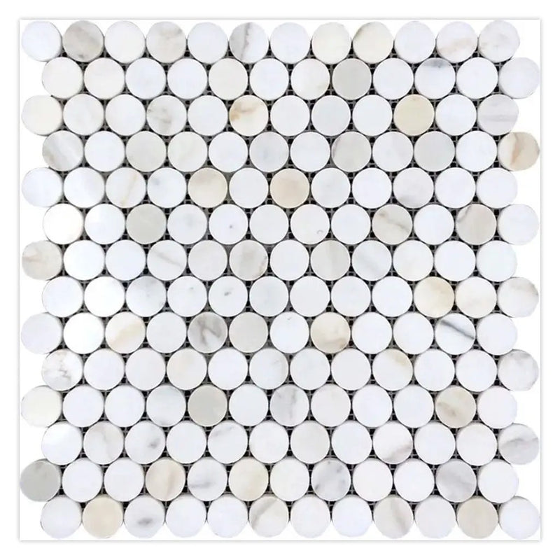 White Gray 11x12 Polished Penny Round Calacatta Gold Marble Mosaic Tile (5 pack, 4.47 sq ft/case) by Apollo Tile