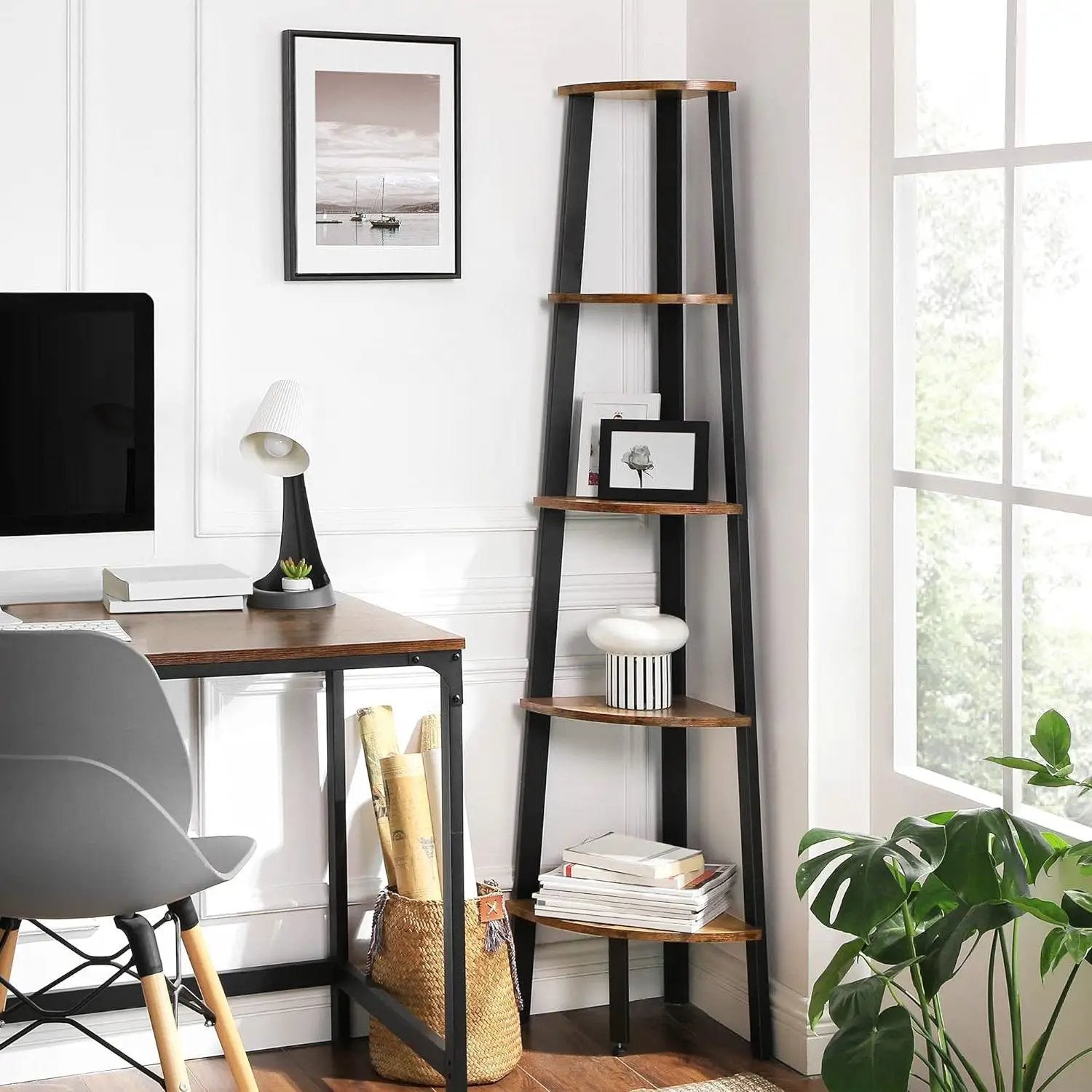 Modern 4-Shelf Brown Black Corner Shelving Unit Slim Bookcase by HomePacific