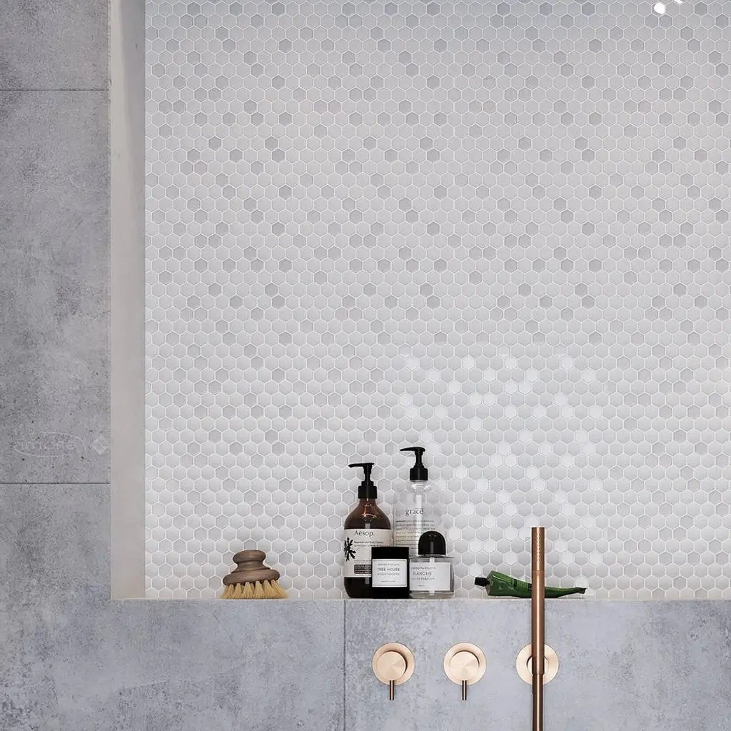 Cotton White 12x12 Matte Glossy Hexagon Recycled Glass Mosaic Tile (5 pack, 4.92 sq ft/case) by Apollo Tile