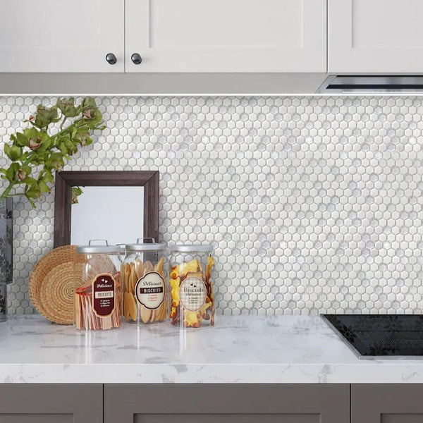 Cotton White 12x12 Matte Glossy Hexagon Recycled Glass Mosaic Tile (5 pack, 4.92 sq ft/case), photo 2 of 6