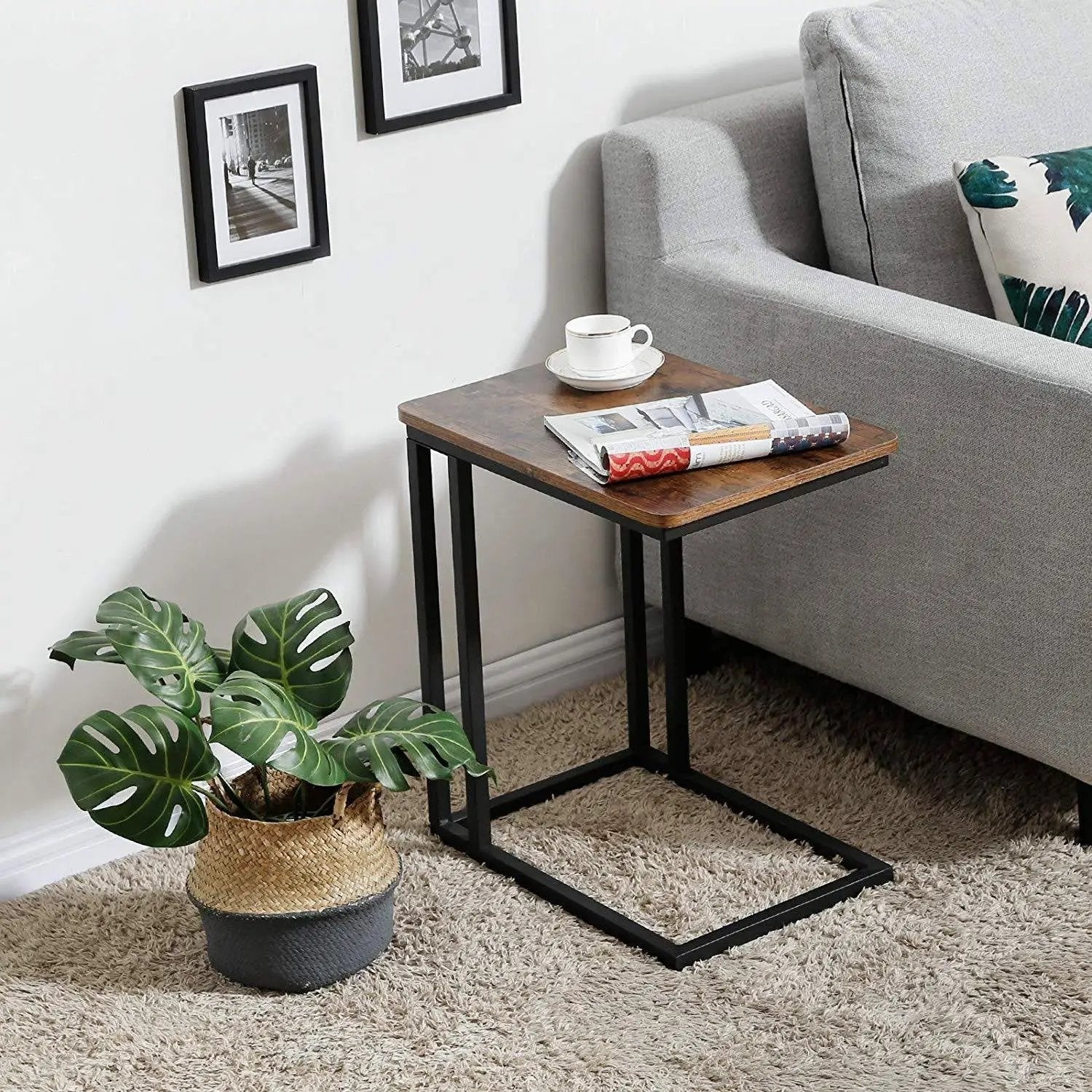 Modern Industrial Side Table Nightstand TV Tray on Wheels by HomePacific