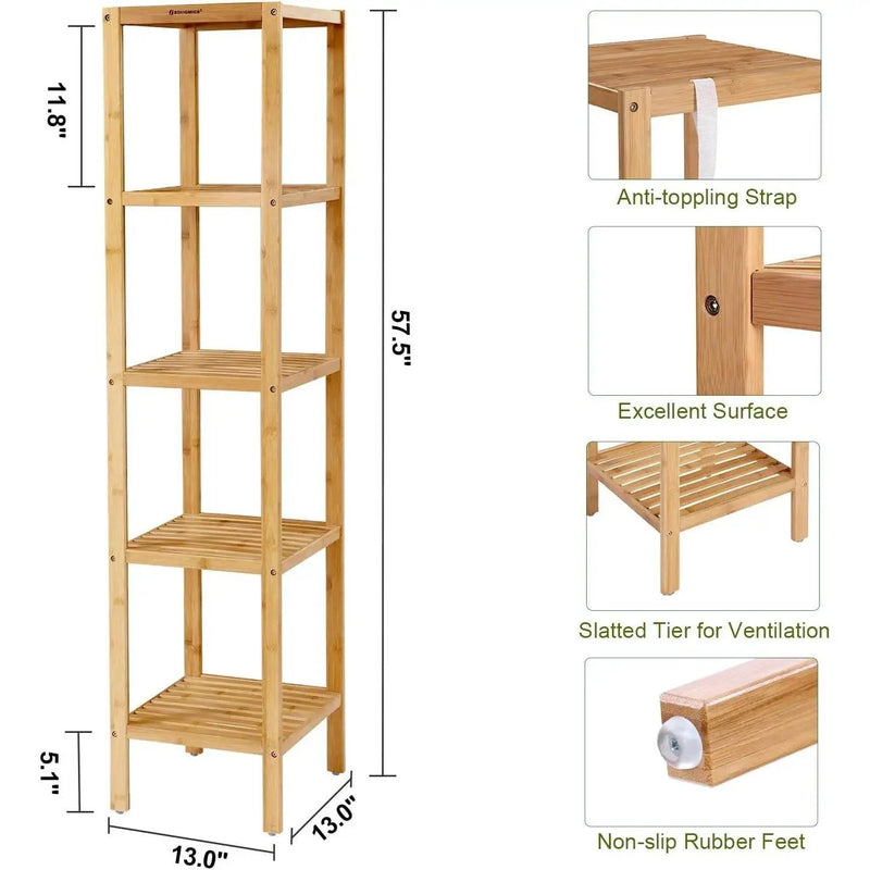 Slim 4-Shelf Natural Bamboo Wooden Shelving Unit Storage Rack Bookcase by HomePacific