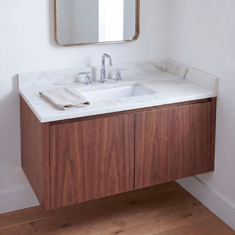 Calacatta Castana Polished Quartz Tiles 49x22 in a finished room