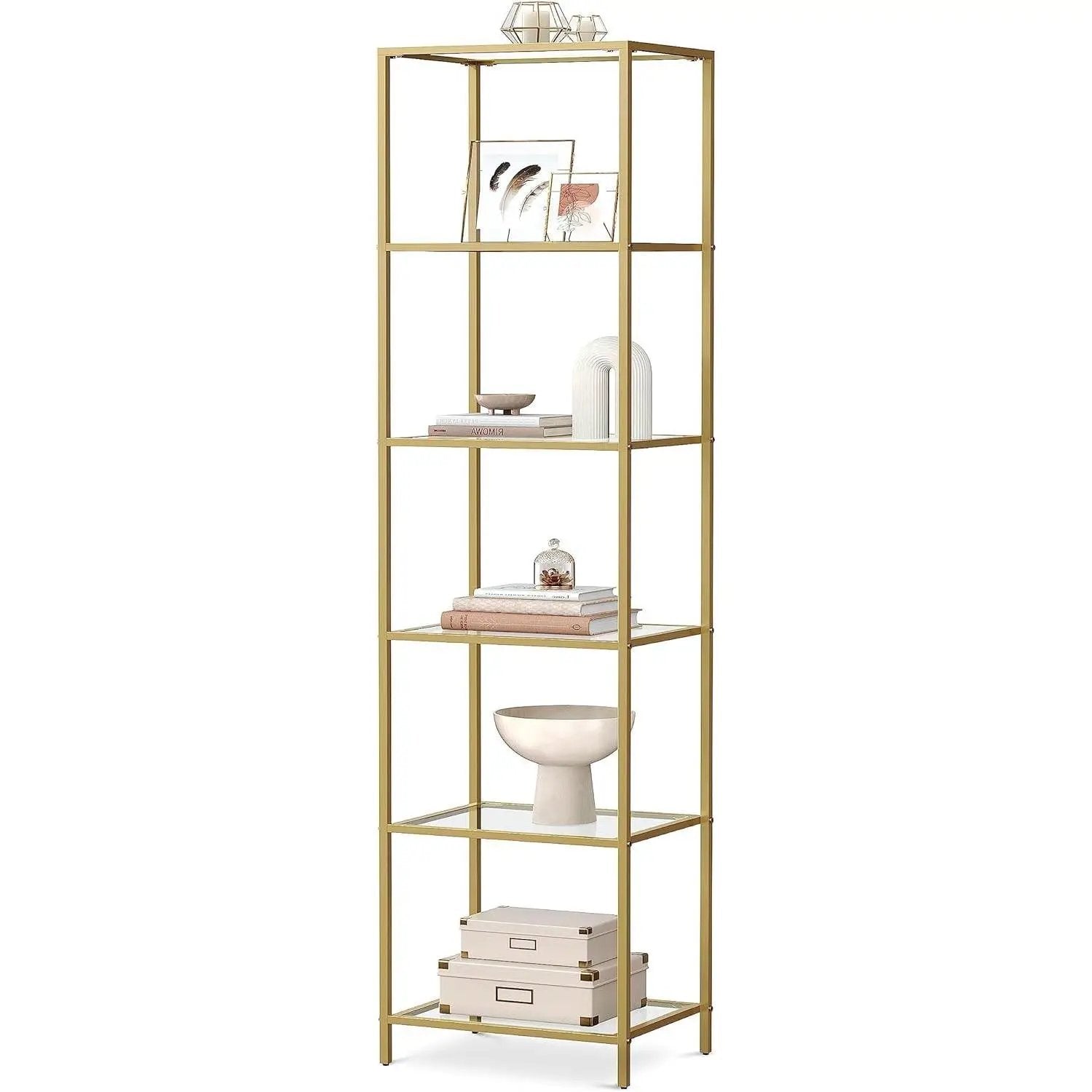 Narrow Glass Shelf Bookcase Bedroom Living Office Bath Storage Unit in Gold by HomePacific