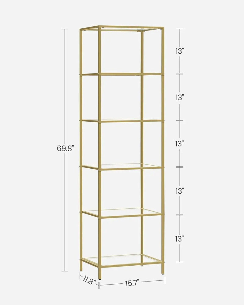 Narrow Glass Shelf Bookcase Bedroom Living Office Bath Storage Unit in Gold by HomePacific
