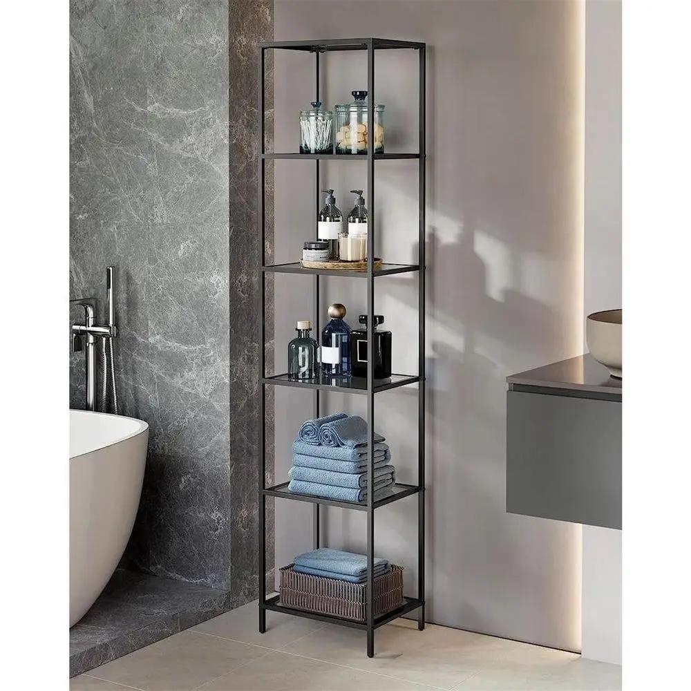 Narrow Glass Shelves Bookcase 5-Shelf Shelving Unit with Black Grey Metal Frame by HomePacific
