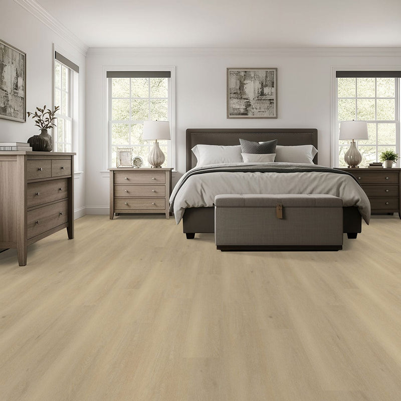 Kallum Benton Blonde Matte Wood Look Lvt Planks 9x48 in a finished room
