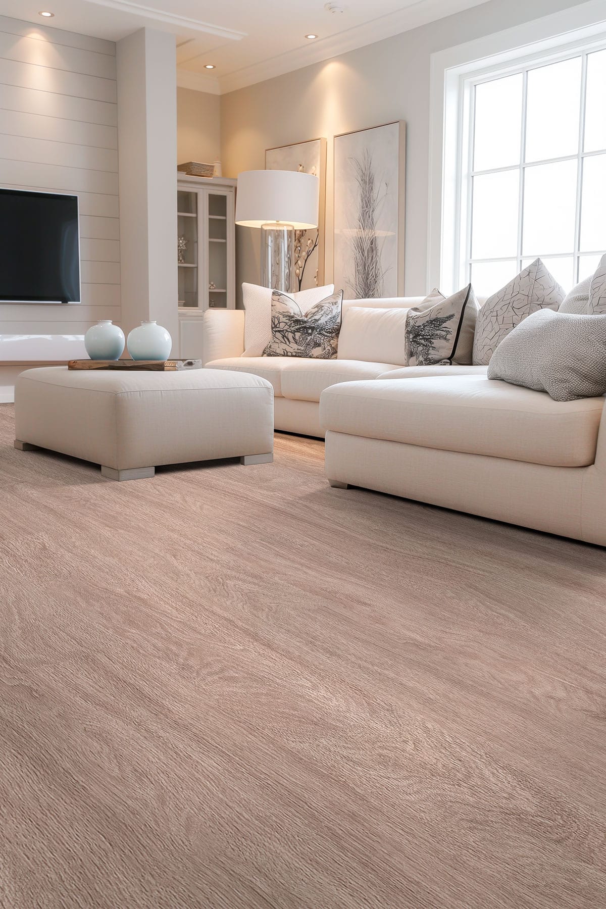 Kallum Bleached Elm Matte Wood Look Lvt Planks 9x48 in a finished room