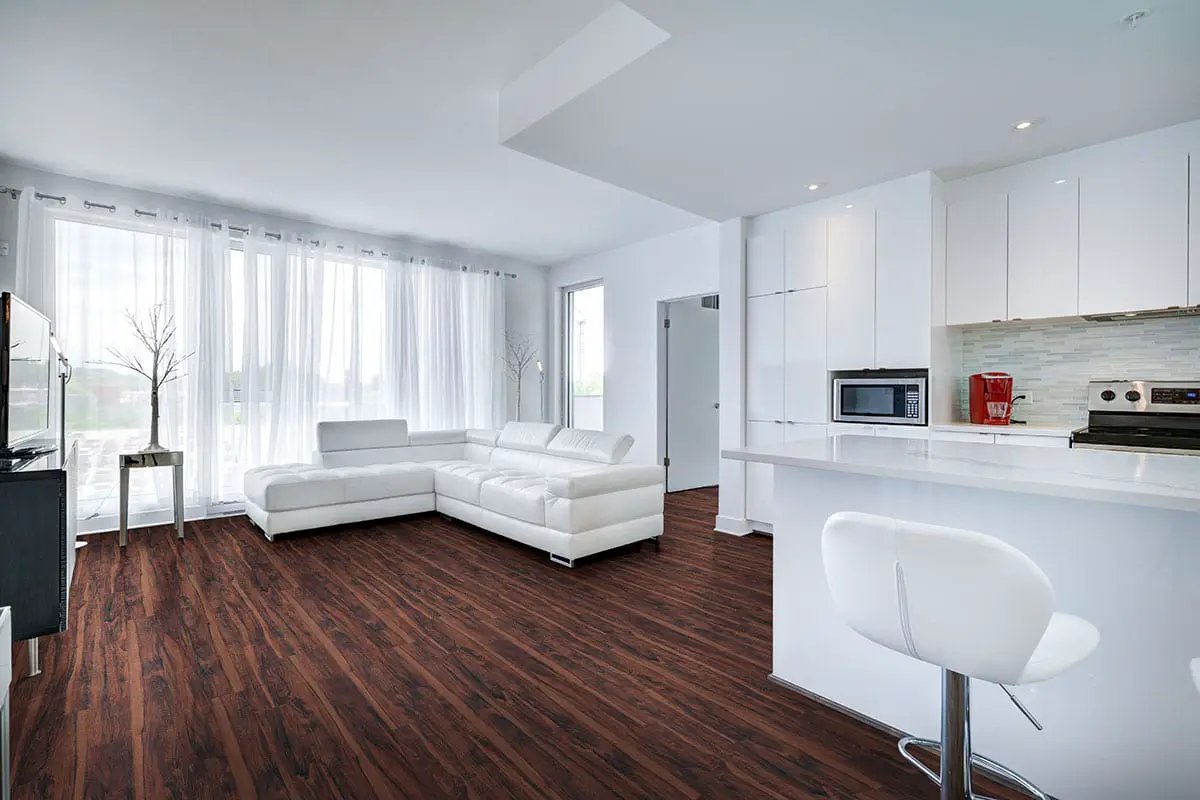 Katavia Burnished Acacia Matte Wood Look Lvt Planks 6x48 in a finished room