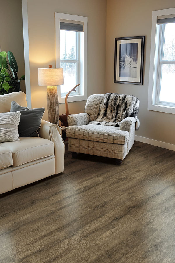 Kallum Walnut Waves Matte Wood Look Lvt Planks 9x48 in a finished room