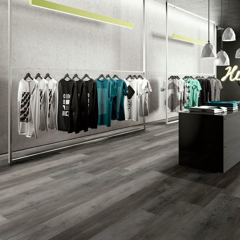 Wilmont Woodrift Gray Matte Wood Look Lvt Planks 7x48 in a finished room
